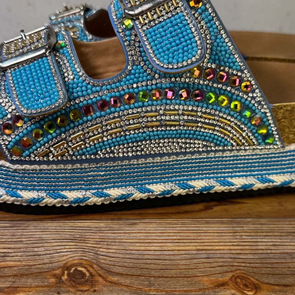 Boho Rhinestone Beaded Platform Sandals Turquoise Double Buckle Slide Size 11 - Picture 4 of 8